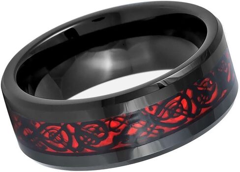 8mm Tungsten Carbide Ring for Men, Black IP Wedding Band with Red Celtic Dragon Cut-Out Inlay, Polished Beveled Edge Comfort Fit Anniversary Promise Ring in Kuwait