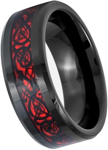 8mm Tungsten Carbide Ring for Men, Black IP Wedding Band with Red Celtic Dragon Cut-Out Inlay, Polished Beveled Edge Comfort Fit Anniversary Promise Ring in Kuwait