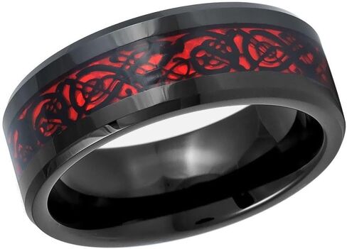 8mm Tungsten Carbide Ring for Men, Black IP Wedding Band with Red Celtic Dragon Cut-Out Inlay, Polished Beveled Edge Comfort Fit Anniversary Promise Ring in Kuwait