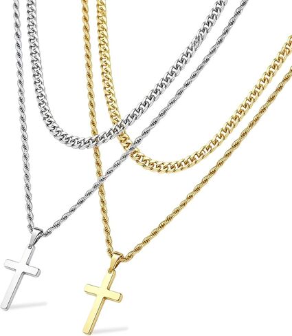 2 Pack Layered Necklace for Men - Stainless Steel Chain with Cross Comfortable Everyday Jewelry Chain for Men Gifts Gold Silver in Saudi Arabia