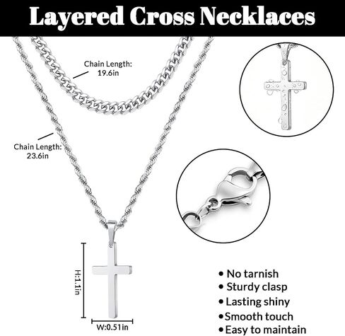 2 Pack Layered Necklace for Men - Stainless Steel Chain with Cross Comfortable Everyday Jewelry Chain for Men Gifts Gold Silver in Saudi Arabia