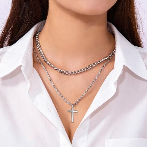 2 Pack Layered Necklace for Men - Stainless Steel Chain with Cross Comfortable Everyday Jewelry Chain for Men Gifts Gold Silver in Saudi Arabia