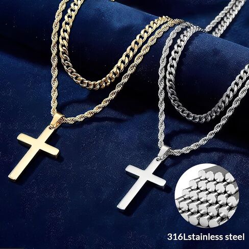 2 Pack Layered Necklace for Men - Stainless Steel Chain with Cross Comfortable Everyday Jewelry Chain for Men Gifts Gold Silver in Saudi Arabia
