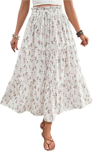 WDIRARA Women's Floral Long Skirt Beach Vacation Elastic Waist Flowy A Line Skirts in Kuwait