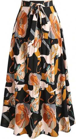 Women's Floral Print High-Waisted Tiered Maxi Skirt - Tie Waist Flowy Casual Daily Summer Long Skirt in Kuwait