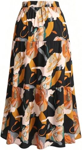 Women's Floral Print High-Waisted Tiered Maxi Skirt - Tie Waist Flowy Casual Daily Summer Long Skirt in Kuwait