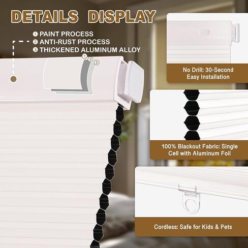 HESTIA No Drill Waterproof 99% Blackout Cellular Shades, Thermal Insulated, Noise Reduction Cordless Honeycomb Blinds for Bedroom, Bathroom,White,48" W X 72" H in Saudi Arabia