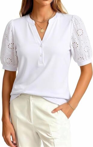 Women Tops Henley V Neck Button Up Shirt Embroidered Short Sleeve Blouses Dressy Casual Clothes Summer Outfits in Saudi Arabia
