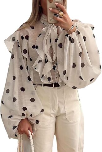 Polka Dot Sheer Blouse for Women Ruffled Tie Neck Balloon Sleeves Vintage Chic Going Out Weekends Womens Tops in Saudi Arabia