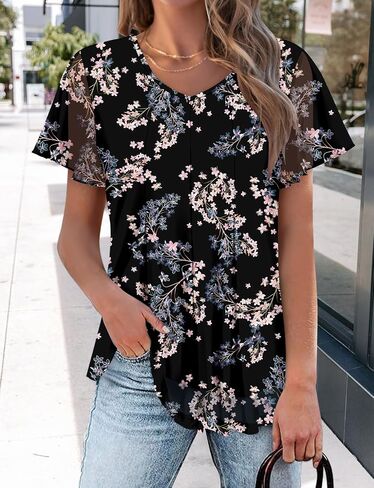 Womens Butterfly Short Sleeve Tops Casual Crew Neck Double Layer Pleated Tunic Loose Fit Tshirts Basic Summer Tops Blouses in Kuwait