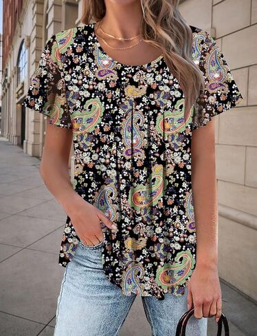 Womens Butterfly Short Sleeve Tops Casual Crew Neck Double Layer Pleated Tunic Loose Fit Tshirts Basic Summer Tops Blouses in Kuwait