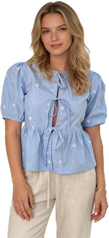 Women's Puff Short Sleeve Blouse, Tie Front Peplum Top with Ruffle Detail for Casual Wear in Saudi Arabia