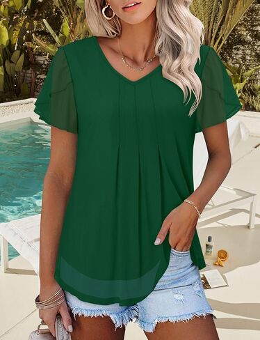 Womens Butterfly Short Sleeve Tops Casual Crew Neck Double Layer Pleated Tunic Loose Fit Tshirts Basic Summer Tops Blouses in Kuwait