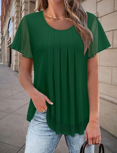 Womens Butterfly Short Sleeve Tops Casual Crew Neck Double Layer Pleated Tunic Loose Fit Tshirts Basic Summer Tops Blouses in Kuwait