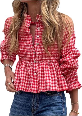 GORGLITTER Women's Y2K Gingham Button Down Babydoll Shirts Flounce Long Sleeve Shirred Peplum Blouses in Kuwait