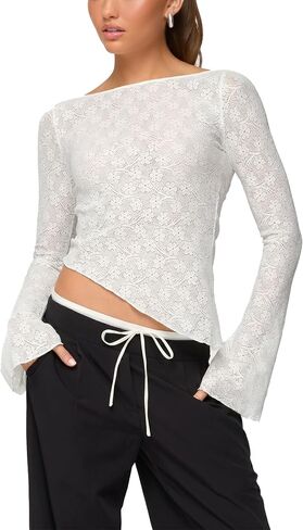 Womens Lace Long Bell Sleeve Top Sheer Boat Neck Asymmetrical Hem Blouse Y2K Going Out Shirt with Gem Detailing in Saudi Arabia