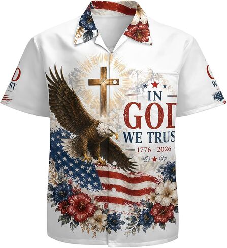 in God We Trust Shirt Patriotic Eagle Flag Hawaiian Shirt 1776-2026 USA Christian Independence Day Shirt in Saudi Arabia