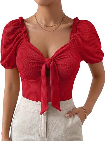 Women's Rib Knit V Neck Bow Knot Front Short Sleeve Blouse Shirt Top in Saudi Arabia