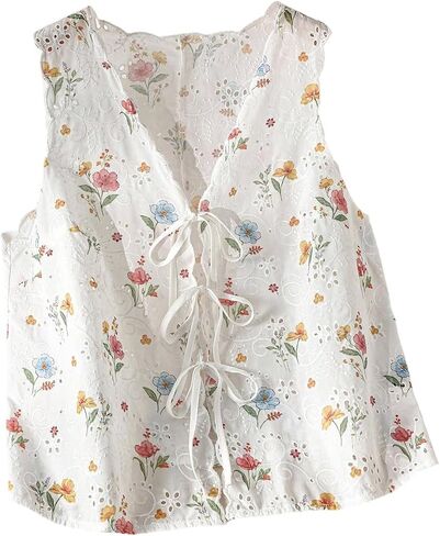 SOLY HUX Women's Plus Size Floral Bow Tie Front Blouse V Neck Sleeveless Eyelet Embroidery Casual Summer Shirt Tops in Kuwait