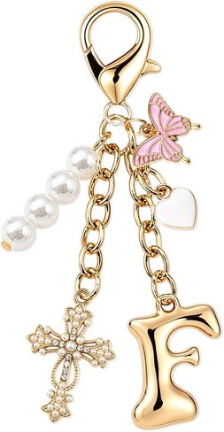 Bubble Initial Keychain with Cross Heart Butterfly - Gold Letter Bag Charms for Women, Cute Bag Accessories Women in Kuwait