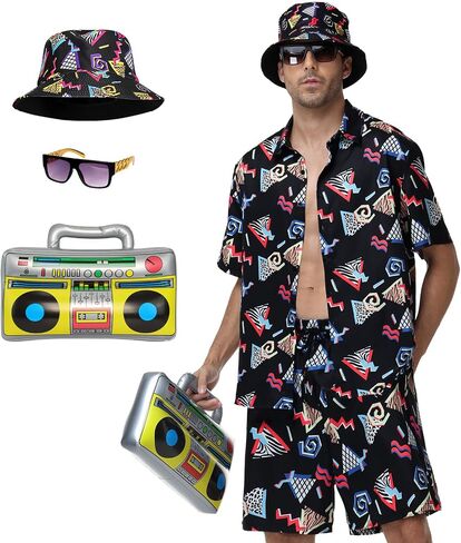 80s 90s Oufit for Men - 80s Themed Party Costume, Retro Hip-Hop Party Hawaiian Shirts and Short Set in Saudi Arabia