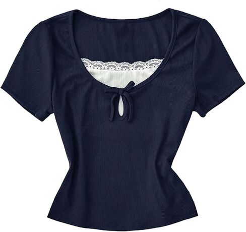 OYOANGLE Girl's Cute Lace Trim Short Sleeve 2 in 1 Shirts Tie Front Ribbed Knit Crop Tshirts in Kuwait