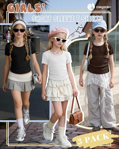 Oakgarden 3 Pack Girls' Short Sleeve T Shirts Crew Neck Ribbed Tops Kids Slim Fit Side Ruched Tees Summer Casual Basic Shirts in Kuwait