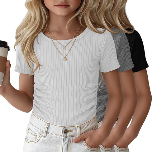 Oakgarden 3 Pack Girls' Short Sleeve T Shirts Crew Neck Ribbed Tops Kids Slim Fit Side Ruched Tees Summer Casual Basic Shirts in Kuwait