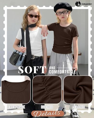 Oakgarden 3 Pack Girls' Short Sleeve T Shirts Crew Neck Ribbed Tops Kids Slim Fit Side Ruched Tees Summer Casual Basic Shirts in Kuwait
