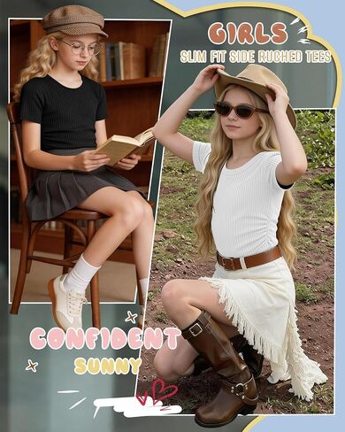 Oakgarden 3 Pack Girls' Short Sleeve T Shirts Crew Neck Ribbed Tops Kids Slim Fit Side Ruched Tees Summer Casual Basic Shirts in Kuwait