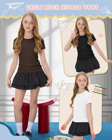 Oakgarden 3 Pack Girls' Short Sleeve T Shirts Crew Neck Ribbed Tops Kids Slim Fit Side Ruched Tees Summer Casual Basic Shirts in Kuwait