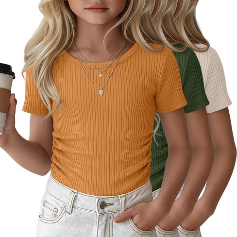 Oakgarden 3 Pack Girls' Short Sleeve T Shirts Crew Neck Ribbed Tops Kids Slim Fit Side Ruched Tees Summer Casual Basic Shirts in Kuwait
