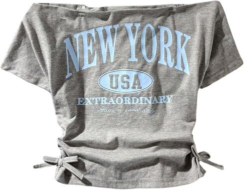 OYOANGLE Girl's Letter Print T Shirts Short Sleeve Tube Off The Shoulder Side Ruched Bow Summer Crop Tops in Kuwait