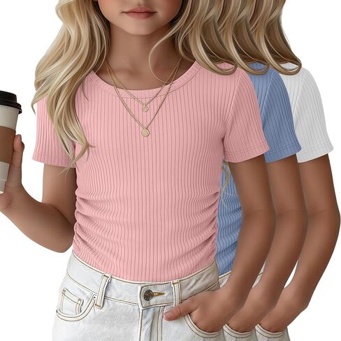 Oakgarden 3 Pack Girls' Short Sleeve T Shirts Crew Neck Ribbed Tops Kids Slim Fit Side Ruched Tees Summer Casual Basic Shirts in Kuwait