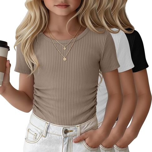 Oakgarden 3 Pack Girls' Short Sleeve T Shirts Crew Neck Ribbed Tops Kids Slim Fit Side Ruched Tees Summer Casual Basic Shirts in Kuwait
