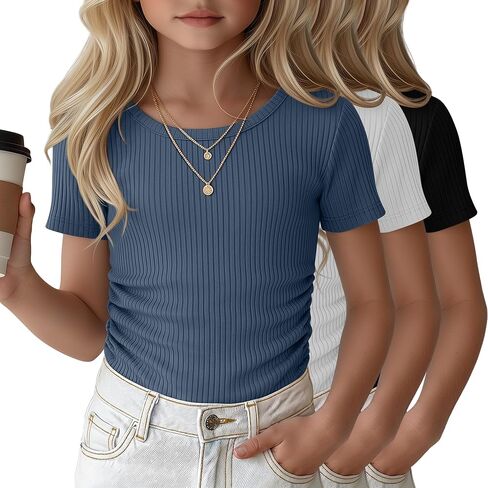 Oakgarden 3 Pack Girls' Short Sleeve T Shirts Crew Neck Ribbed Tops Kids Slim Fit Side Ruched Tees Summer Casual Basic Shirts in Kuwait