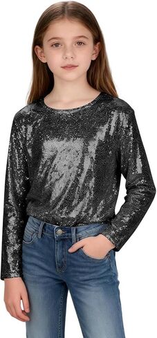 Girls Sequin Long Sleeve Shirt Kids Metallic Glitter Sparkly Crewneck Pullover Top Teen Christmas Holiday Party Blouse in Kuwait