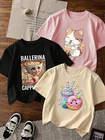 Girls Graphic T-Shirt 3-Pack, Printed Short Sleeve Crewneck Tees for Kids 8–14 in Kuwait