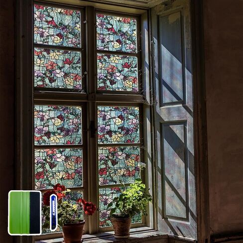 funlife Original Stained Glass Window Film, Double-Sided Static Cling Window Privacy Film with Tools for Glass Window and Door, Winter Blue Magnolia, 16.93"x78.74" in Saudi Arabia