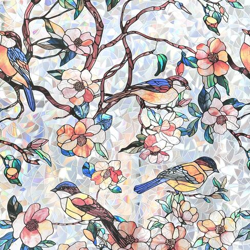 Stained Glass Window Privacy Film – Static Cling Decorative Rainbow Window Film, No Adhesive UV Blocking Sun Cling for Bathroom, Bedroom, Glass Doors, Removable Bird, 17.5 x 78.7 in in Kuwait