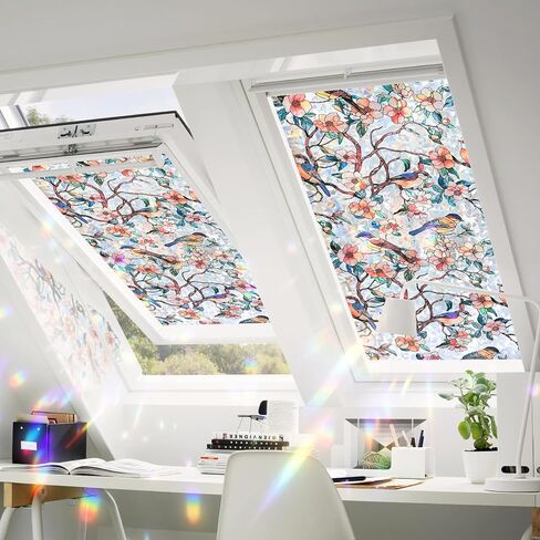 Stained Glass Window Privacy Film – Static Cling Decorative Rainbow Window Film, No Adhesive UV Blocking Sun Cling for Bathroom, Bedroom, Glass Doors, Removable Bird, 17.5 x 78.7 in in Kuwait