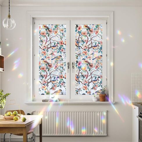 Stained Glass Window Privacy Film – Static Cling Decorative Rainbow Window Film, No Adhesive UV Blocking Sun Cling for Bathroom, Bedroom, Glass Doors, Removable Bird, 17.5 x 78.7 in in Kuwait