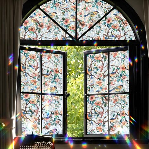 Stained Glass Window Privacy Film – Static Cling Decorative Rainbow Window Film, No Adhesive UV Blocking Sun Cling for Bathroom, Bedroom, Glass Doors, Removable Bird, 17.5 x 78.7 in in Kuwait