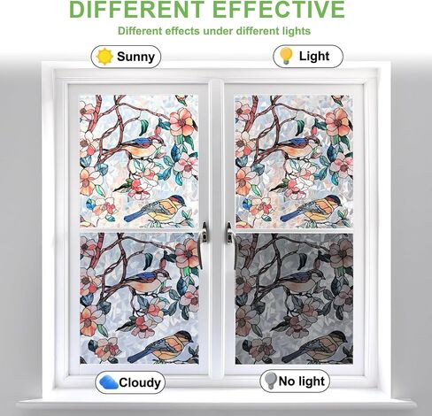 Stained Glass Window Privacy Film – Static Cling Decorative Rainbow Window Film, No Adhesive UV Blocking Sun Cling for Bathroom, Bedroom, Glass Doors, Removable Bird, 17.5 x 78.7 in in Kuwait