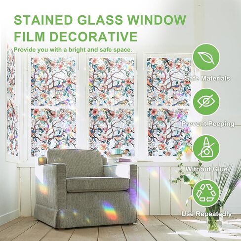 Stained Glass Window Privacy Film – Static Cling Decorative Rainbow Window Film, No Adhesive UV Blocking Sun Cling for Bathroom, Bedroom, Glass Doors, Removable Bird, 17.5 x 78.7 in in Kuwait