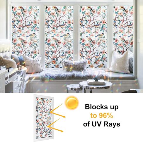 Stained Glass Window Privacy Film – Static Cling Decorative Rainbow Window Film, No Adhesive UV Blocking Sun Cling for Bathroom, Bedroom, Glass Doors, Removable Bird, 17.5 x 78.7 in in Kuwait