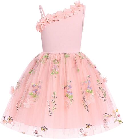 Flower Girls Dress for Wedding One Shoulder 3D Floral Embroidered Tulle Dress Formal Birthday Party Fairy Princess Outfit in Kuwait