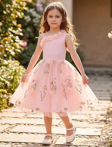 Flower Girls Dress for Wedding One Shoulder 3D Floral Embroidered Tulle Dress Formal Birthday Party Fairy Princess Outfit in Kuwait