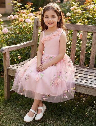Flower Girls Dress for Wedding One Shoulder 3D Floral Embroidered Tulle Dress Formal Birthday Party Fairy Princess Outfit in Kuwait