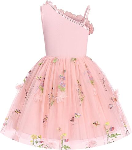 Flower Girls Dress for Wedding One Shoulder 3D Floral Embroidered Tulle Dress Formal Birthday Party Fairy Princess Outfit in Kuwait